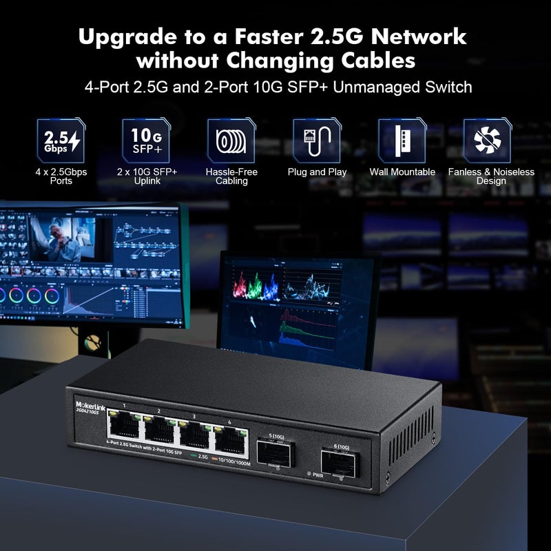 MokerLink 4 Port 2.5G Ethernet Switch with 2x10G SFP, 4 x 2.5G Base-T Ports Compatible with 10/100/1000Mbps, Metal Unmanaged Fanless Network Switch - Image 2