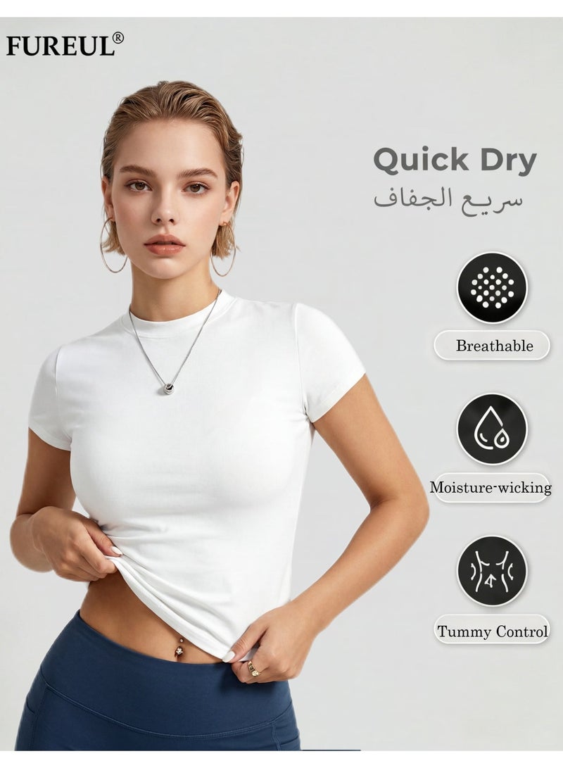 فوريول تيشيرت نسائي سريع الجفاف، تيشيرت رياضي بأكمام قصيرة وقصة ضيقة، قميص رياضي يسمح بمرور الهواء ويمتص الرطوبة، مناسب لليوغا والجيم والارتداء اليومي (أبيض) - Image 1