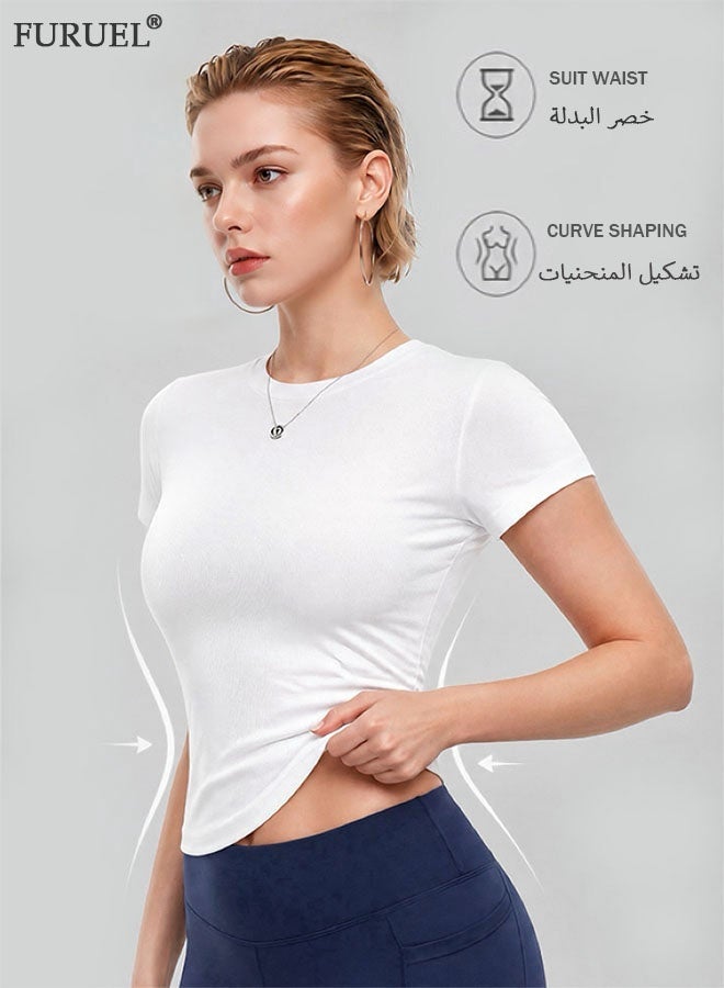 فوريول تيشيرت نسائي سريع الجفاف، تيشيرت رياضي بأكمام قصيرة وقصة ضيقة، قميص رياضي يسمح بمرور الهواء ويمتص الرطوبة، مناسب لليوغا والجيم والارتداء اليومي (أبيض) - Image 3