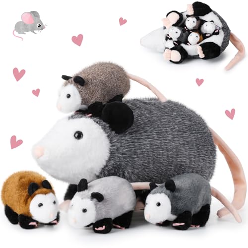 Arrowbash 5 Pcs Opossum Stuffed Animals Set 14 Large Mommy Possum Plush with 4 Small Babies Opossums in Zippered Tummy Stuffed Plush Toys Gift for Kids Girls Boys Christmas Birthday Possum Lover - Image 1