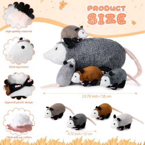 Arrowbash 5 Pcs Opossum Stuffed Animals Set 14 Large Mommy Possum Plush with 4 Small Babies Opossums in Zippered Tummy Stuffed Plush Toys Gift for Kids Girls Boys Christmas Birthday Possum Lover - Image 5