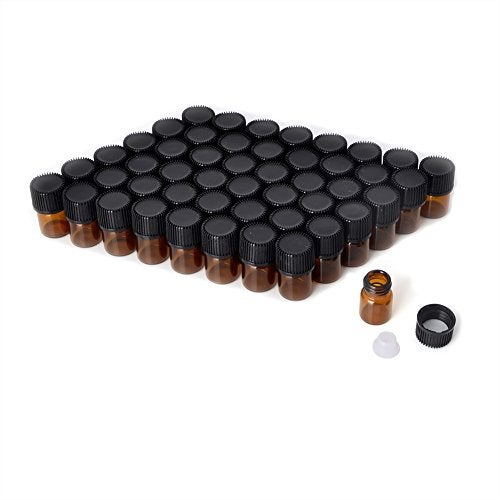 Enslz Mini Essential Oil Bottles Empty Sample bottle 1ml(1/4 dram) 2ml (5/8 dram) Amber Glass Bottle with Orifice Reducer and cap, With 2 Free Transfer Eye droppers(50 Pcs) (1ml) - Image 1