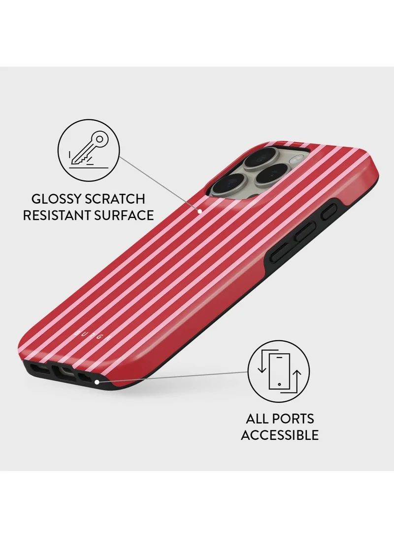 BURGA iPhone 16 Pro Max Case – 2-Piece Hard Shell + TPU Silicone Interior, Shock Absorption, Raised Bezel, All Port Access, Never-Fading HQ Print – “Strawberry Jam” Red Case with Pink Stripes