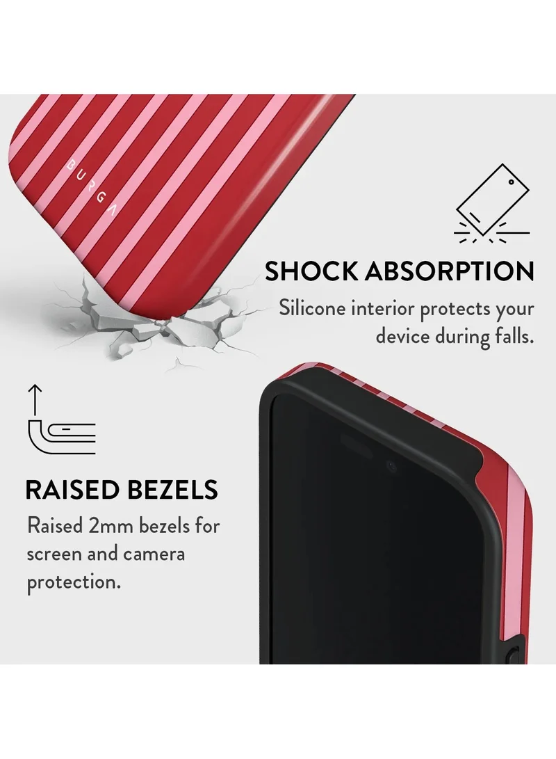 BURGA iPhone 16 Pro Max Case – 2-Piece Hard Shell + TPU Silicone Interior, Shock Absorption, Raised Bezel, All Port Access, Never-Fading HQ Print – “Strawberry Jam” Red Case with Pink Stripes