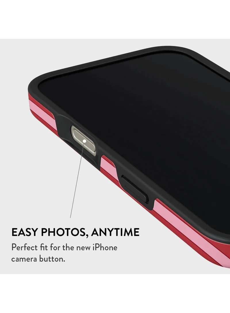 BURGA iPhone 16 Pro Max Case – 2-Piece Hard Shell + TPU Silicone Interior, Shock Absorption, Raised Bezel, All Port Access, Never-Fading HQ Print – “Strawberry Jam” Red Case with Pink Stripes