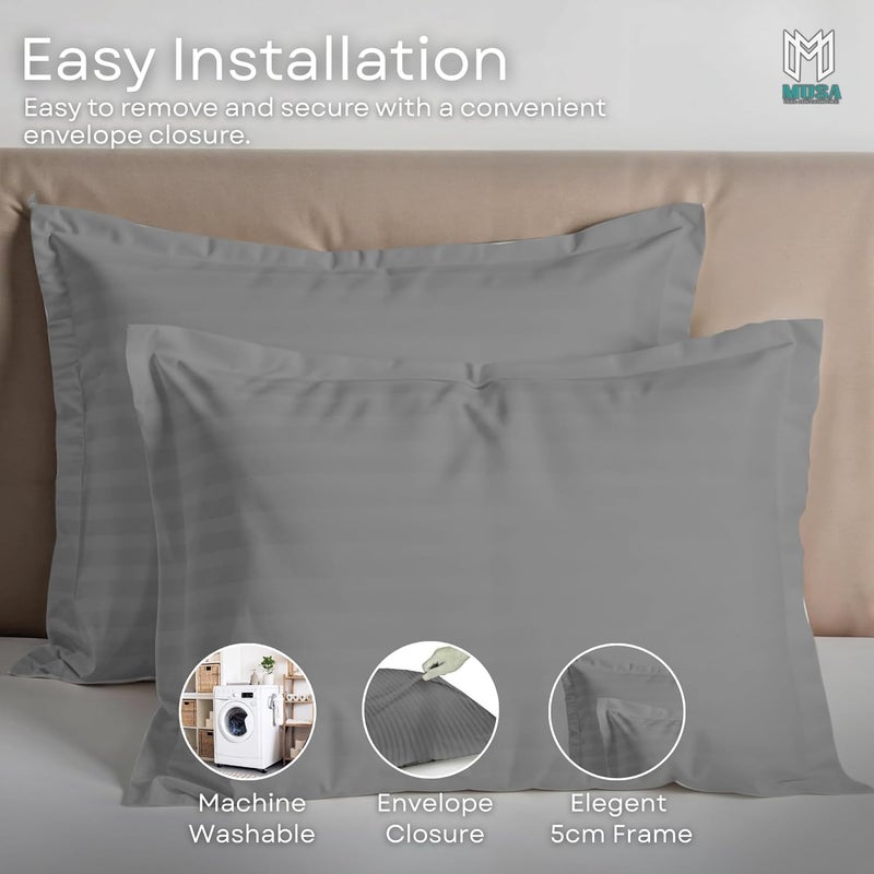 MUSA MUSA® Striped Cotton Pillow Covers – Soft, Breathable & Hotel-Inspired Pillow Covers with Envelope Closure | Elegant 5cm Oxford Frame Design for Bedroom & Home Décor (2, Light Grey, 50 x 90cm) - Image 5