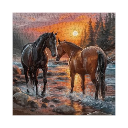Larkipuzz Art Sunset Horse Puzzles for Adults 1000 Pieces Aesthetic Colorful Animal Landscape Jigsaw Puzzles Hard Challenging Forest River Mustang Painting Puzzle - Image 5