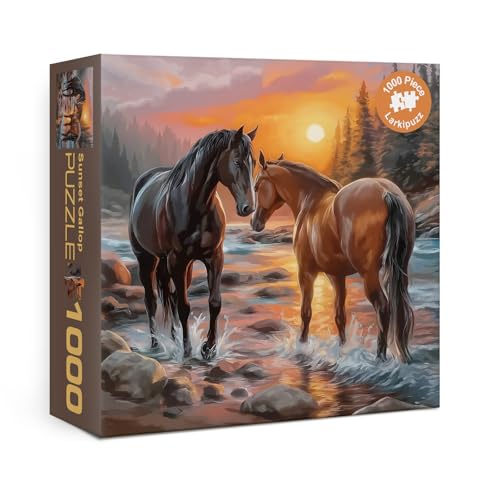 Larkipuzz Art Sunset Horse Puzzles for Adults 1000 Pieces Aesthetic Colorful Animal Landscape Jigsaw Puzzles Hard Challenging Forest River Mustang Painting Puzzle - Image 1