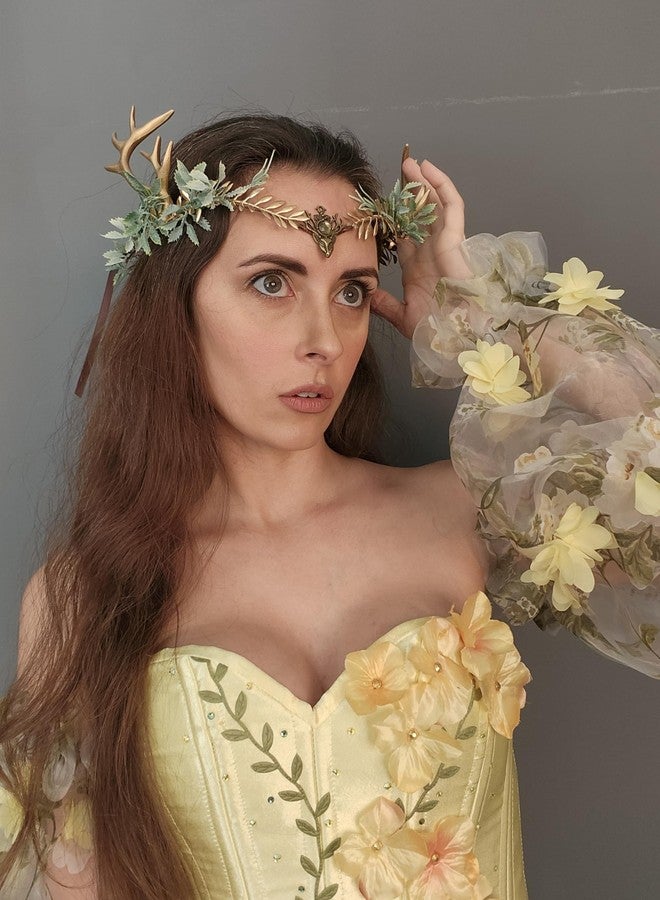 MOSTORY Woodland Gold Antler Crown - Forest Elf Headpiece Fairy Floral Circlet for Women Renaissance Fair Halloween Renfaire Cosplay Photo Shoot - Image 3