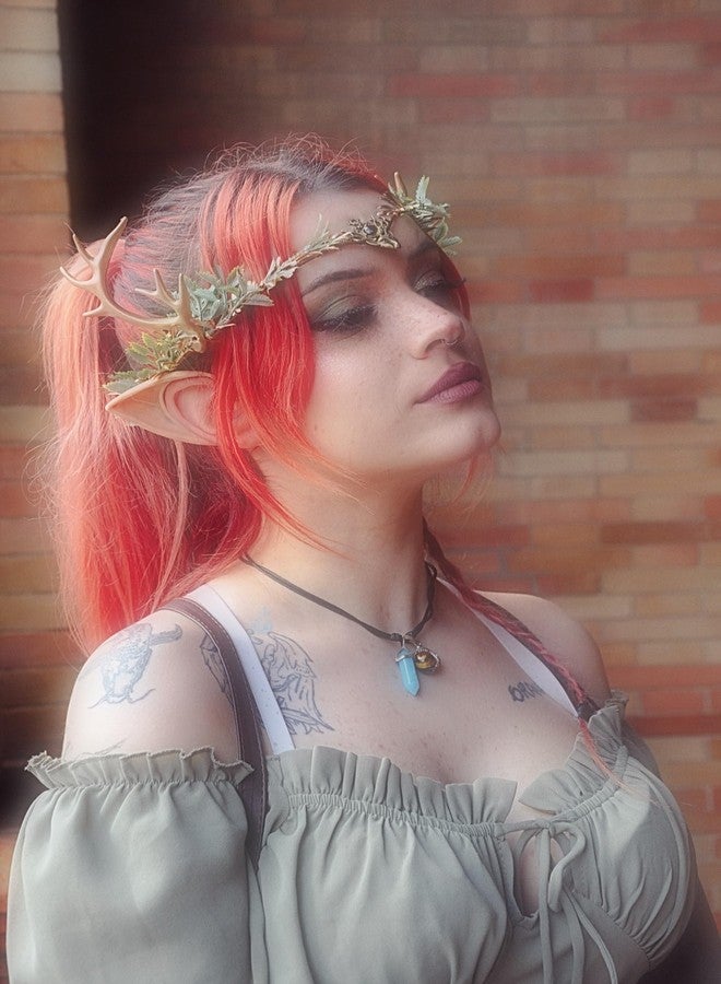 MOSTORY Woodland Gold Antler Crown - Forest Elf Headpiece Fairy Floral Circlet for Women Renaissance Fair Halloween Renfaire Cosplay Photo Shoot - Image 4