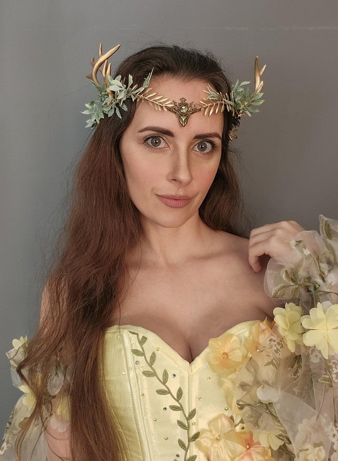 MOSTORY Woodland Gold Antler Crown - Forest Elf Headpiece Fairy Floral Circlet for Women Renaissance Fair Halloween Renfaire Cosplay Photo Shoot - Image 2