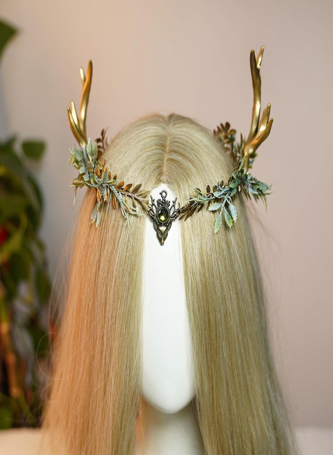 MOSTORY Woodland Gold Antler Crown - Forest Elf Headpiece Fairy Floral Circlet for Women Renaissance Fair Halloween Renfaire Cosplay Photo Shoot - Image 5