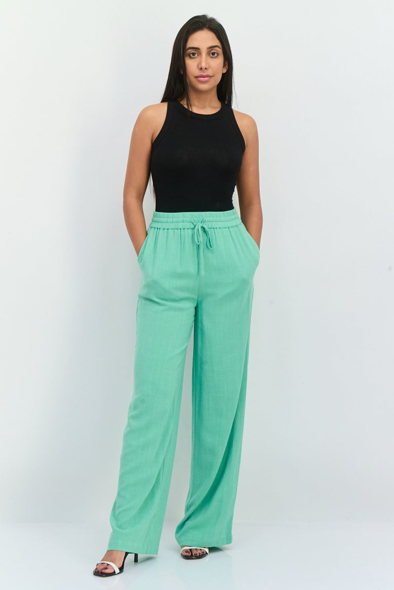 SELECTED FEMME Women Regular Fit Wide Leg Textured Palazzo Pants, Absinthe Green  - Image 4