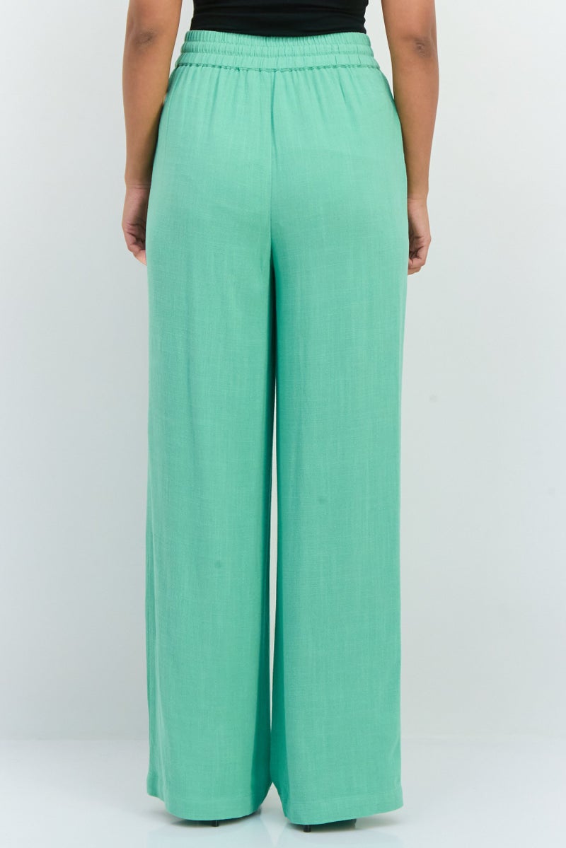 SELECTED FEMME Women Regular Fit Wide Leg Textured Palazzo Pants, Absinthe Green  - Image 3