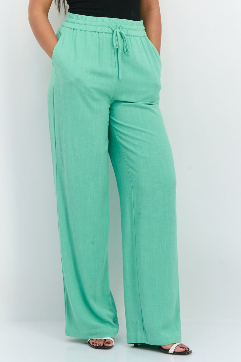 SELECTED FEMME Women Regular Fit Wide Leg Textured Palazzo Pants, Absinthe Green  - Image 1
