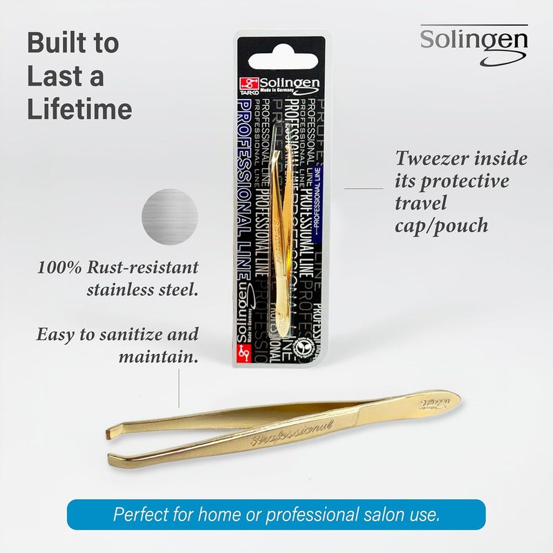 solingen Tweezers for Eyebrows | Slanted Tip | Professional Stainless Steel |Slanted Tip Tweezers | Best Shaped for Eyebrows Extensions Chin Cheek Face Facial Hair | Made in Germany (Gold) - Image 2