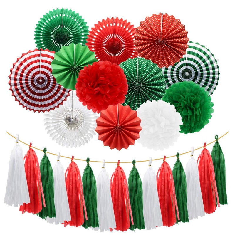 Meiduo Red Green White Hanging Paper Fans Pom Poms Flowers Tissue Tassel Garland for Graduations Christmas St Patricks Day Party Decorations