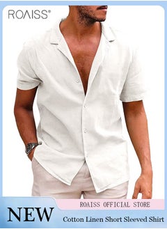 roaiss Fashionable Casual Cotton And Linen Shirt Men'S Summer Daily Lapel Solid Color Short Sleeve Button Closure Top  - Image 3