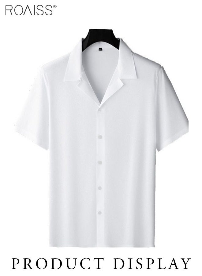 roaiss - Fashionable Casual Cotton And Linen Shirt Men'S Summer Daily Lapel Solid Color Short Sleeve Button Closure Top - Image 1