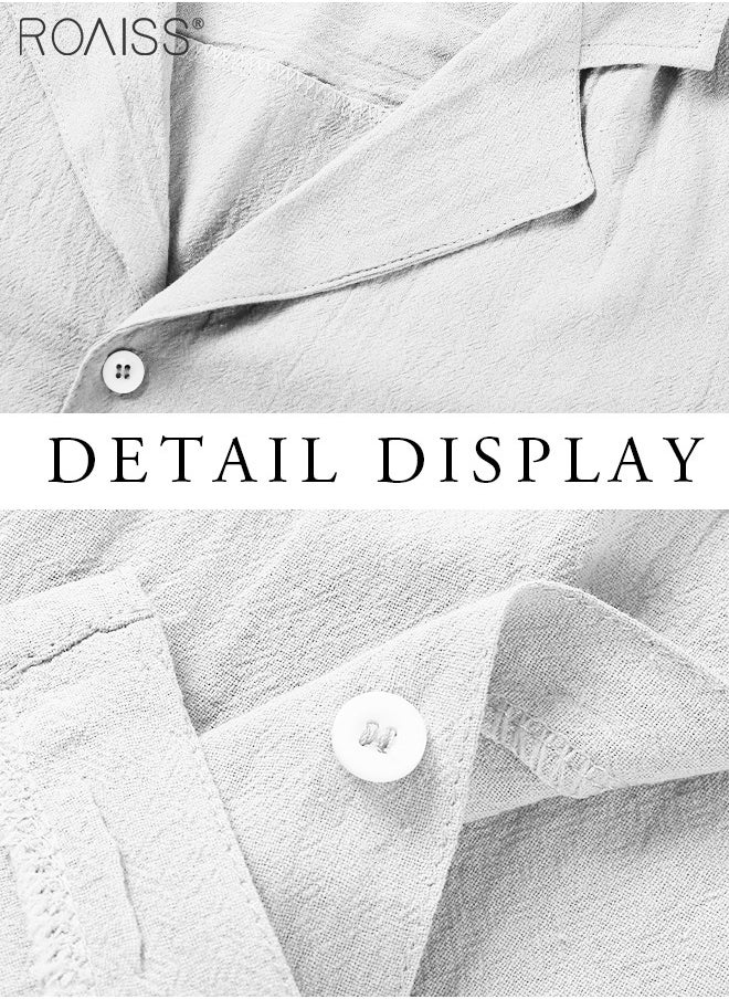 roaiss - Fashionable Casual Cotton And Linen Shirt Men'S Summer Daily Lapel Solid Color Short Sleeve Button Closure Top - Image 1