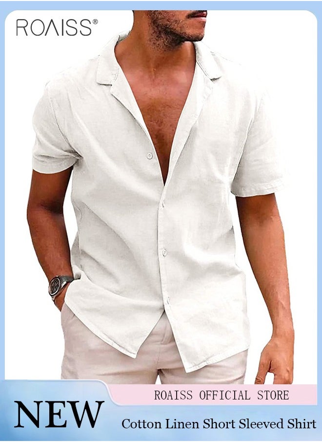 Fashionable Casual Cotton And Linen Shirt Men'S Summer Daily Lapel Solid Color Short Sleeve Button Closure Top - pzsku/Z5A34335D9392F1E2679CZ/45/_/1721463742/8a6b0a00-6f17-46ba-a8dc-3d7121624821