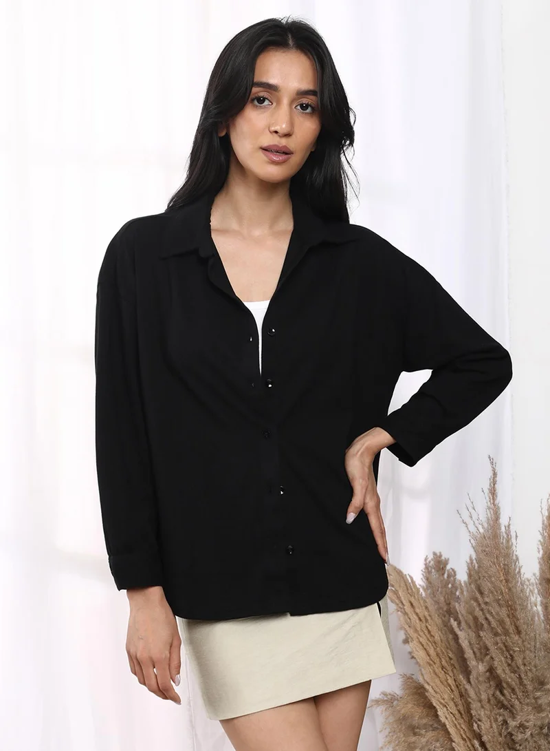 Campus Sutra Women's Obsidian Black Solid Boxy Shirt For Casual Wear | Spread Collar | Long Sleeve | Button Closure | Shirt Crafted With Comfort Fit For Everyday Wear
