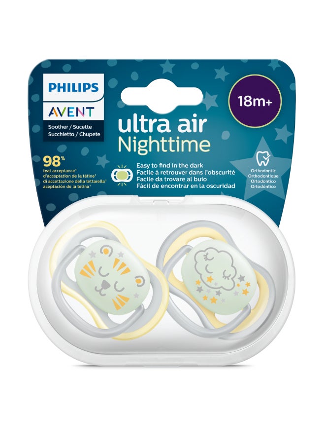 Philips Avent Ultra Air Nighttime Pacifier - Pack of 2, BPA Free Breathable Glow in the Dark Pacifier for Babies 18+ Months, Includes Transport and Sterilization Box, Cloud/Tiger - Image 2