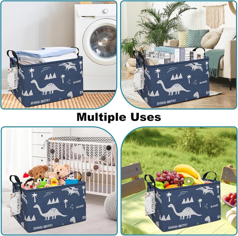 FANKANG Storage Bins, Nursery Hamper Canvas Laundry Basket Foldable with Waterproof PE Coating Large Storage Baskets for Kids Boys and Girls, Office, Bedroom, Clothes,Toys(Rec-Blue dinosaur） - Image 3