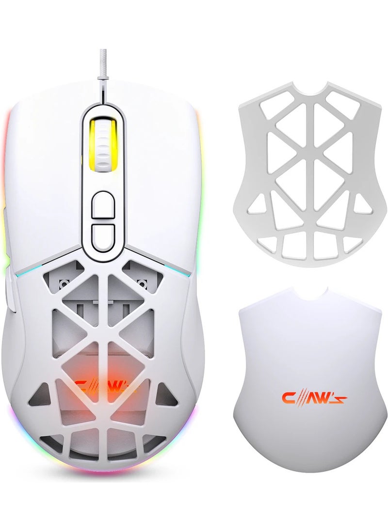 Claw's ماوس ألعاب نيكسيus X1 بدقة 12800 نقطة في البوصة بتصميم واسع RGB وقوام ABS مخصص، كابل شبكي مرن وغطاء قابل للتبديل - أبيض  - Image 1