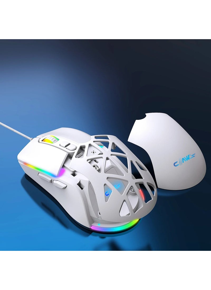 Claw's ماوس ألعاب نيكسيus X1 بدقة 12800 نقطة في البوصة بتصميم واسع RGB وقوام ABS مخصص، كابل شبكي مرن وغطاء قابل للتبديل - أبيض  - Image 2