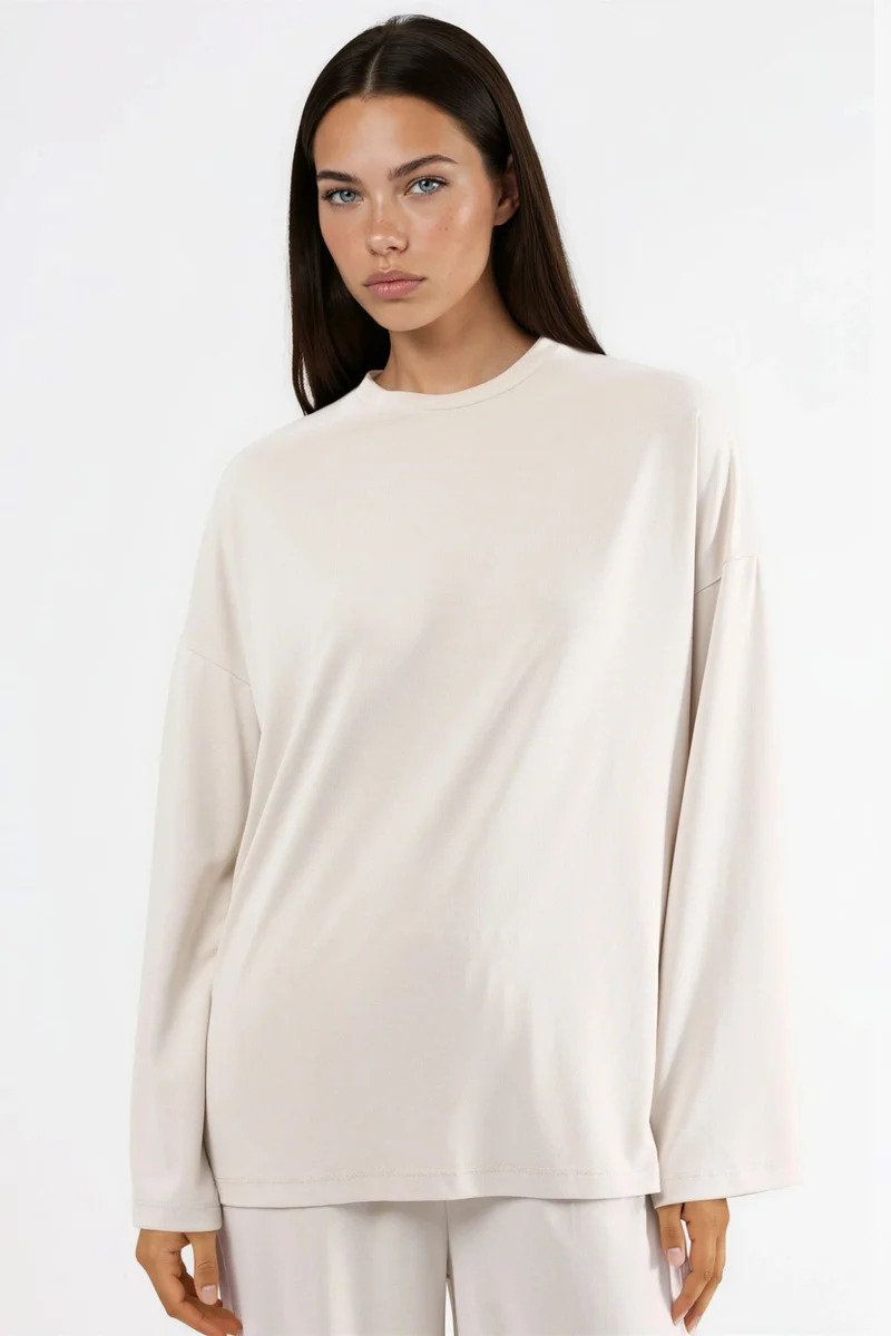 Busem Stone Natural BUSEM Relaxed Fit Crew Neck Long Sleeve Blouse for Women | Best Price UAE
