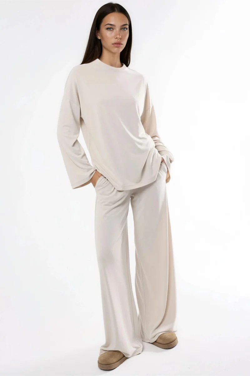 Busem Stone Natural BUSEM Relaxed Fit Crew Neck Long Sleeve Blouse for Women | Best Price UAE