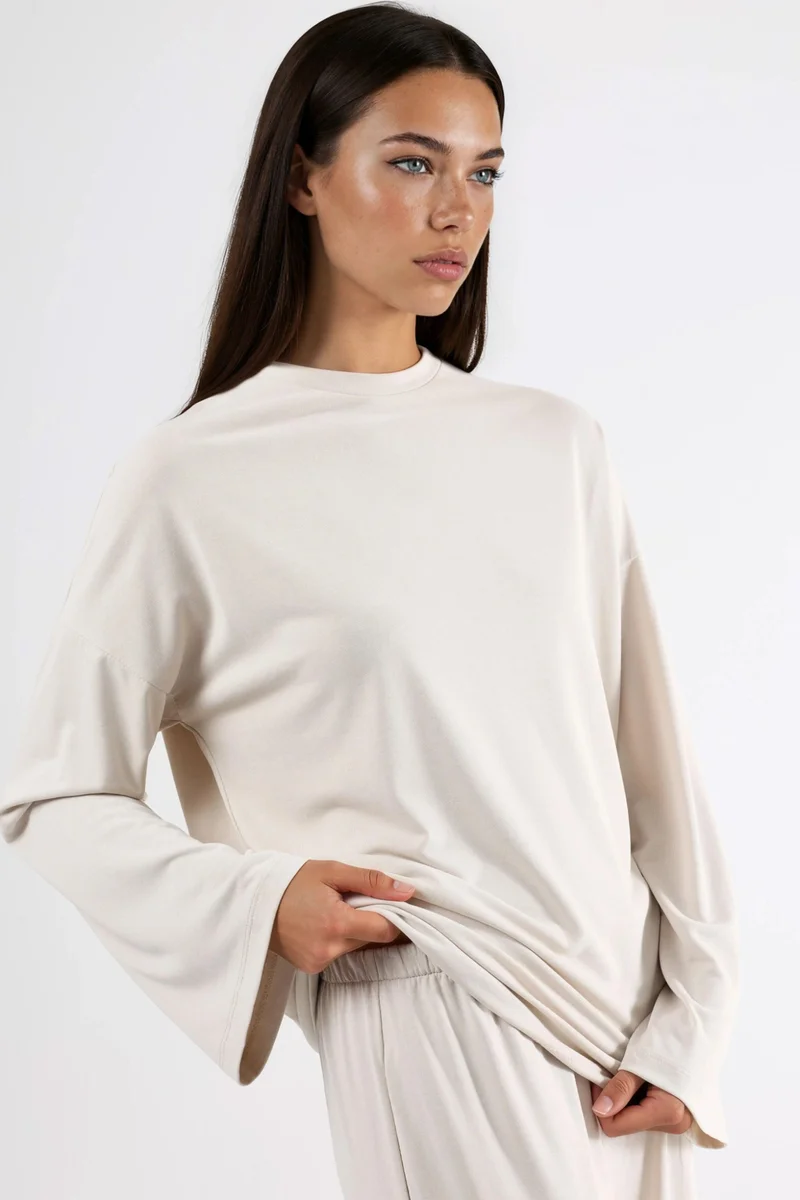 Busem Stone Natural BUSEM Relaxed Fit Crew Neck Long Sleeve Blouse for Women | Best Price UAE