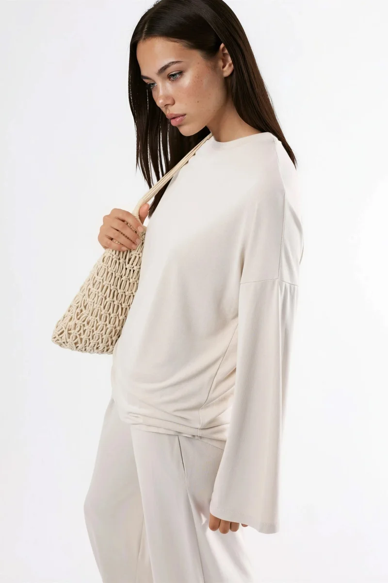 Busem Stone Natural BUSEM Relaxed Fit Crew Neck Long Sleeve Blouse for Women | Best Price UAE