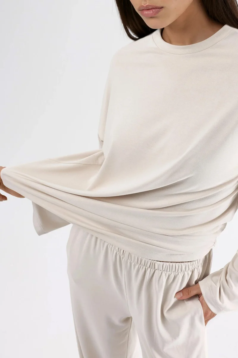 Busem Stone Natural BUSEM Relaxed Fit Crew Neck Long Sleeve Blouse for Women | Best Price UAE