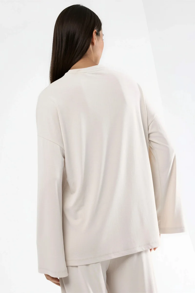 Busem Stone Natural BUSEM Relaxed Fit Crew Neck Long Sleeve Blouse for Women | Best Price UAE