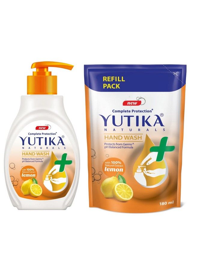 Yutika Naturals Complete Protection Lemon Handwash 100% Natural Extract Liquid Soap Pump 200Ml With 180Ml Liquid Refill Handwash - Image 1