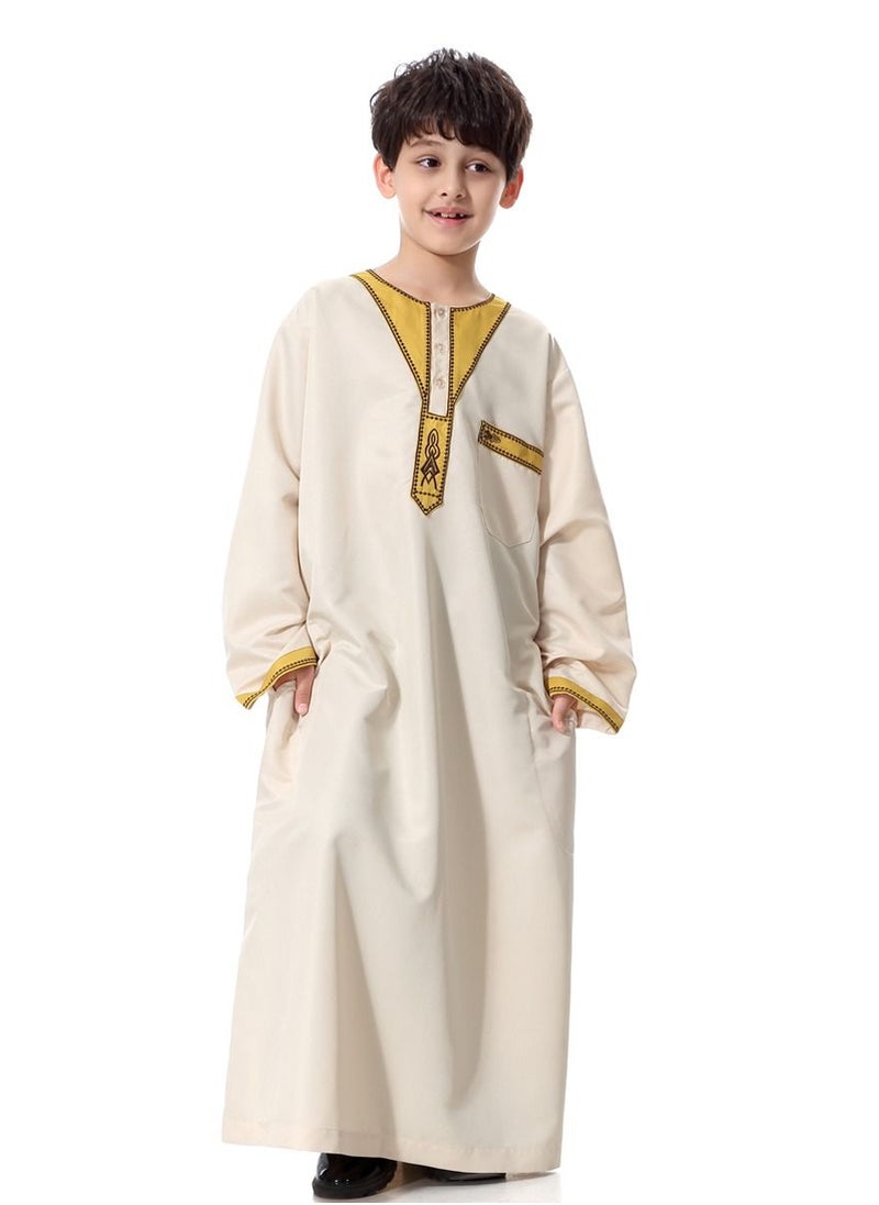 Loquat Boy's Muslim Arab Round Neck Long Sleeve Kaftan Middle Eastern Kandora Thobe Thawb Beige  - Image 1
