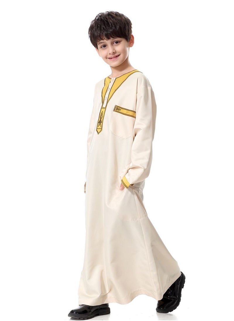 Loquat Boy's Muslim Arab Round Neck Long Sleeve Kaftan Middle Eastern Kandora Thobe Thawb Beige  - Image 2