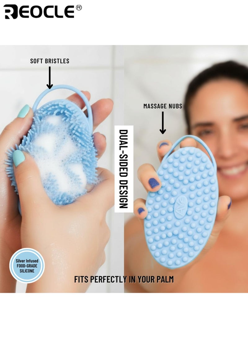 ريوكل فرشاة تقشير الجسم من السيليكون بتصميم مثالي للتقشير، فرشاة ظهر ناعمة بمواد صحية للأطفال والبالغين لجميع أنواع البشرة، للاستخدام اليومي في الحمام. - Image 2