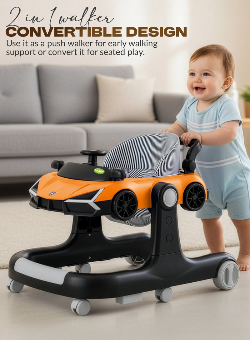 BAYBEE 2 IN 1 Baby Walker for Kids with 2 Position Adjustable Height | Push Walker for Baby with Wheel Lock, Musical Bar, Push Handle Toddler Activity Walker | Kids Walker for Baby Boys Girls 6 to 24 Months (Orange) - Image 4