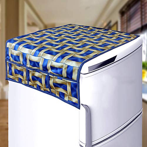 KANUSHI Industries® 1Pc Fridge Cover for Top with 6 Utility Pockets + 4 Fridge Mats (FRI-Blue-Golden-LINE+M-8-04) - Image 2