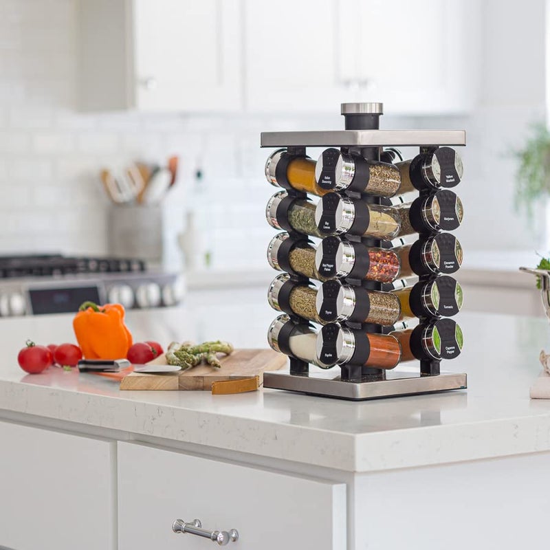 Orii 20 Jar Spice Rack with Spices Included - Tower Organizer for Kitchen Spices and Seasonings, (Silver Black) - Image 2
