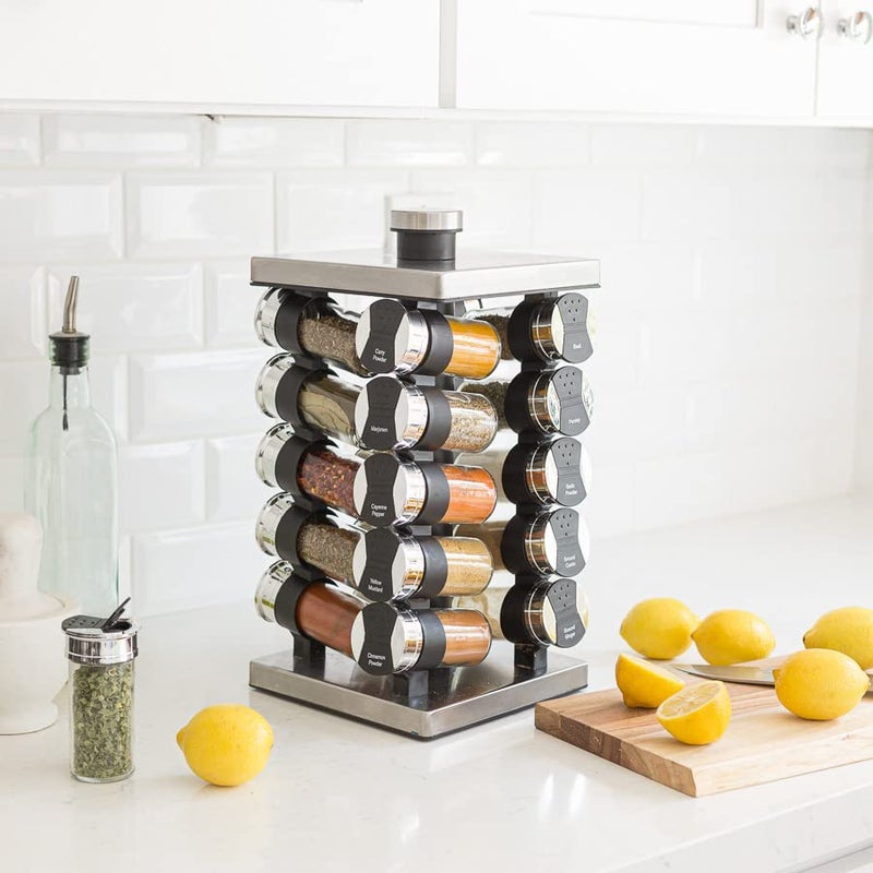 Orii 20 Jar Spice Rack with Spices Included - Tower Organizer for Kitchen Spices and Seasonings, (Silver Black) - Image 3