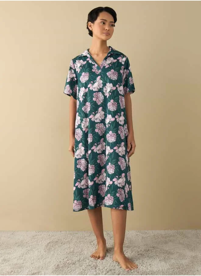 FAV All-Over Floral Print Sleepshirt with Short Sleeves