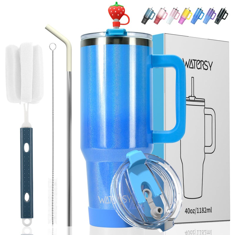 WATERSY 30 oz Shiny Tumbler with Handle and Straw,Stainless Steel Tumbler with Lid and Straw,Insulated Travel Mug(Cold for 34 Hours),Water Bottle for Iced Tea,Coffee (Blue) - Image 1