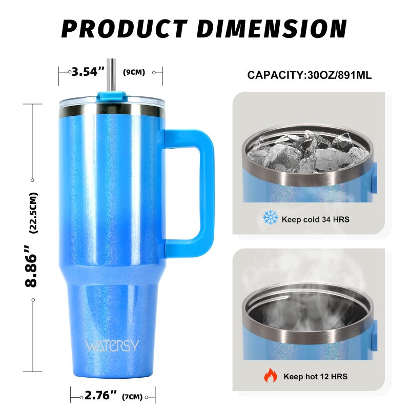 WATERSY 30 oz Shiny Tumbler with Handle and Straw,Stainless Steel Tumbler with Lid and Straw,Insulated Travel Mug(Cold for 34 Hours),Water Bottle for Iced Tea,Coffee (Blue) - Image 2