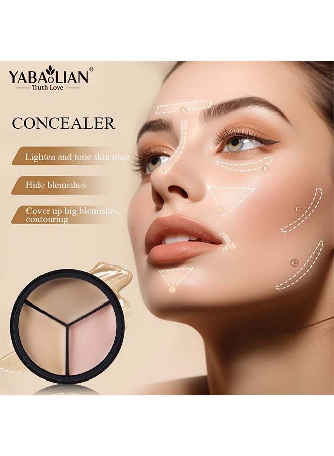 Yabaolian Tri-color Face Concealer Contour Palette With Brush for Light Medium Skin.   Correct Cream Foundation Palet for Under Eye Dark Circles Eyelid Tattoo. Natural Color Cream Makeup Plate corrector de ojeras - Image 2