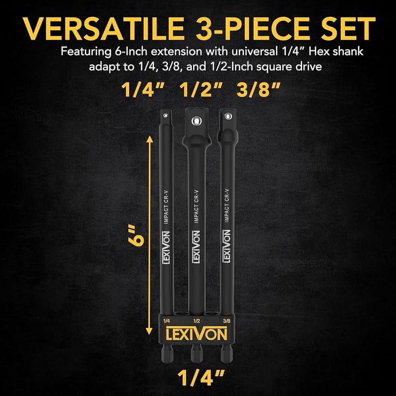 LEXIVON 9-Piece Impact Grade Socket Adapter Set - 3", 6", and 12" Extension Bit With Holder 1/4", 3/8", and 1/2" Drive, Adapt Your Power Drill To High Torque Impact Wrench (LX-106) - Image 3