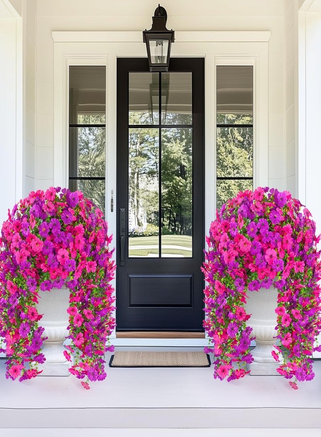 Dolicer 2 Pcs Look Real Artificial Flowers for Outdoors, Realistic Fake Artificial Hanging Flowers for Outdoors UV Resistant Silk Faux Hanging Plants Flowers for Porch Patio Garden (Purple+Fuchsia) - Image 2
